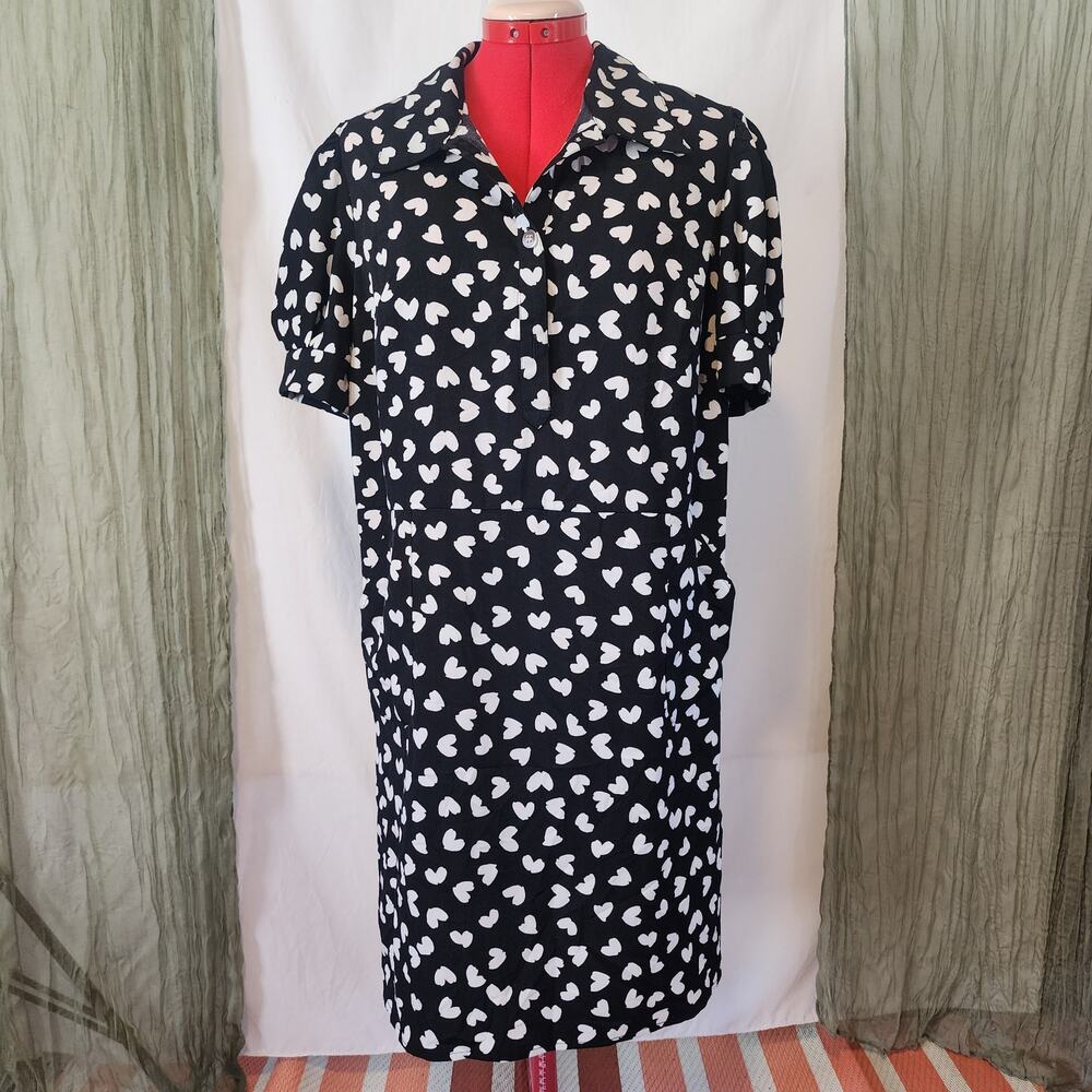 Stella & Julie Black Dress with a White Heart Pattern Knee Length Size M